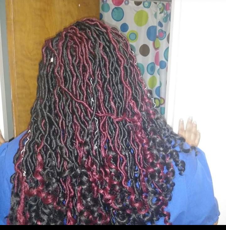 Burgundy and black wavy faux locs